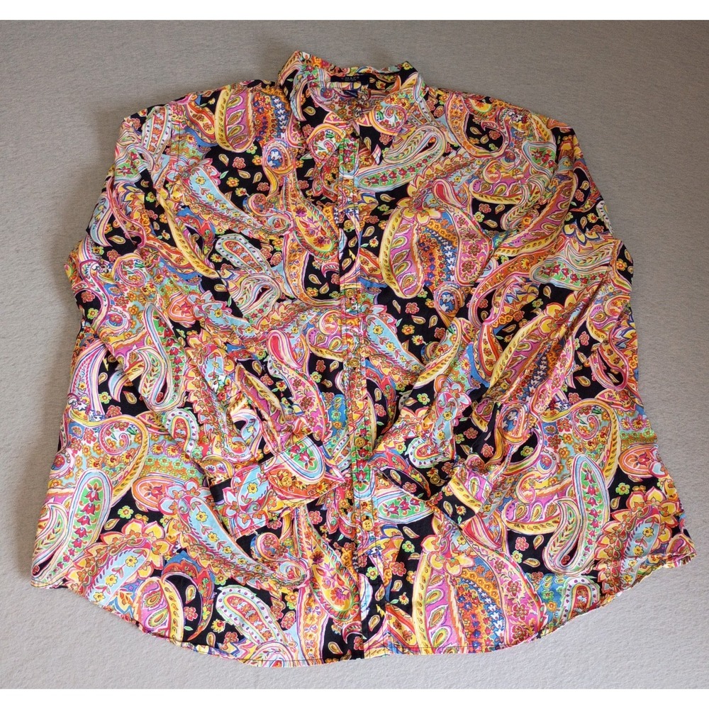 Chaps Womens Button Up Shirt 3X Colorful Paisley Floral Print 100% Cotton